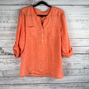 Talbots Blouse Women's Size PXL Orange Side Button Linen Band Collar Pullover